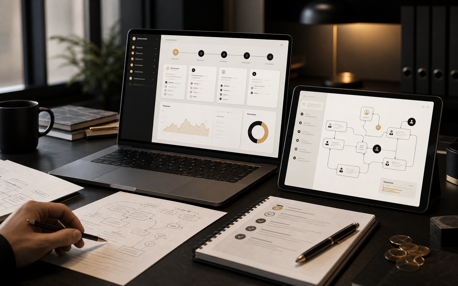 AI workflow planning with laptop, tablet and process notes